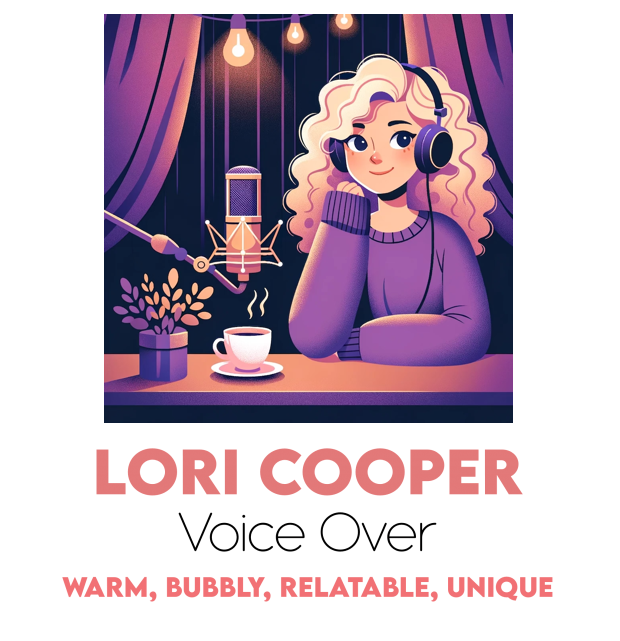 Logo of an animated blonde woman with sitting near a microphone. Underneath says the text "Lori Cooper Voice Over. Warm, Bubbly, Relatable, Unique".